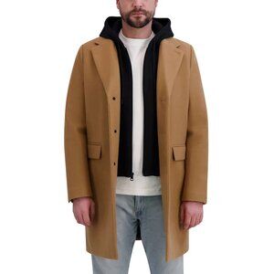 DKNY Men's Faux Wool Coat Jacket with Hooded Bib Tan, Size Large (New)